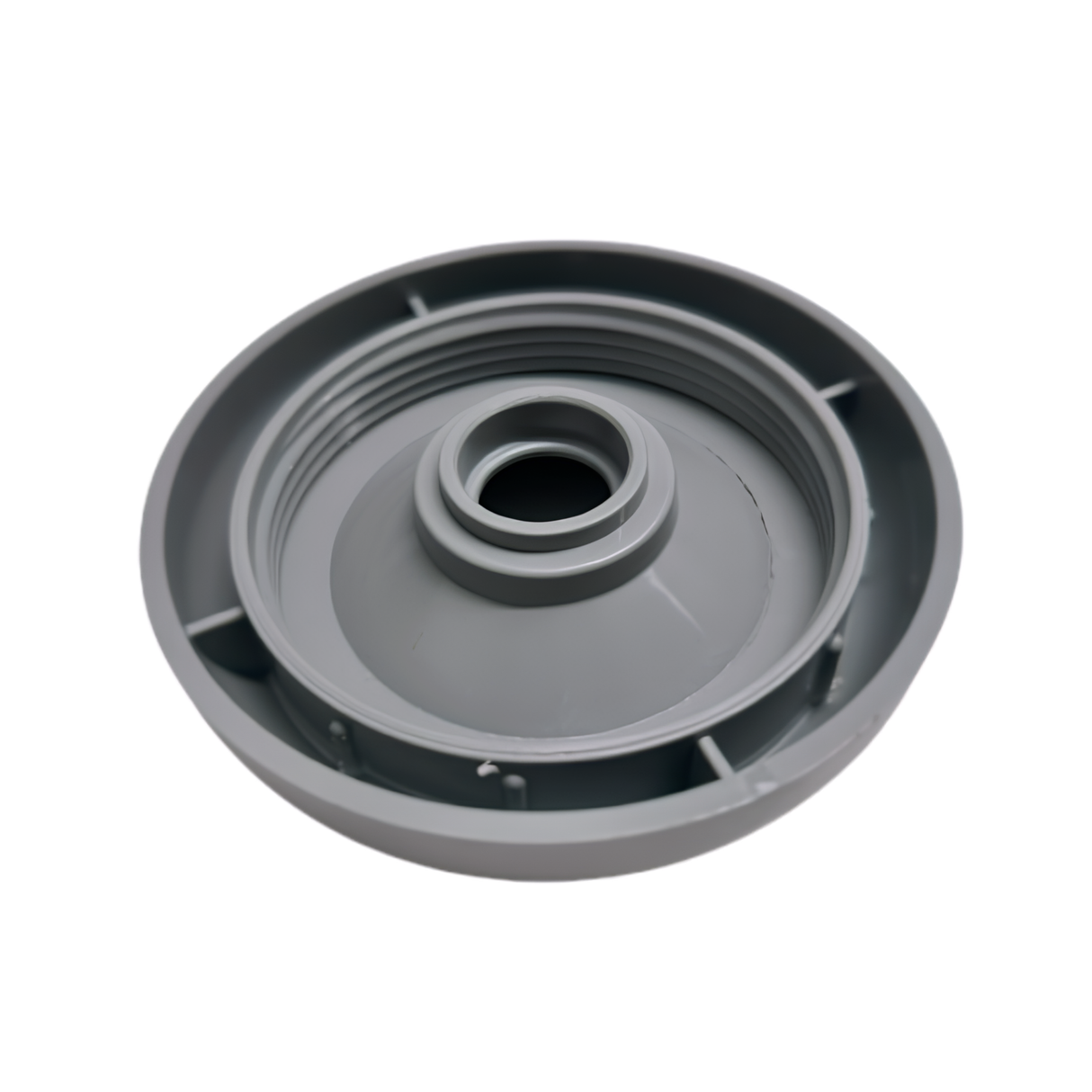 Underside view of a grey Artesian Plastics 2-inch hot tub diverter valve replacement cap showing the internal female threads and center stem seal channel on a white background.