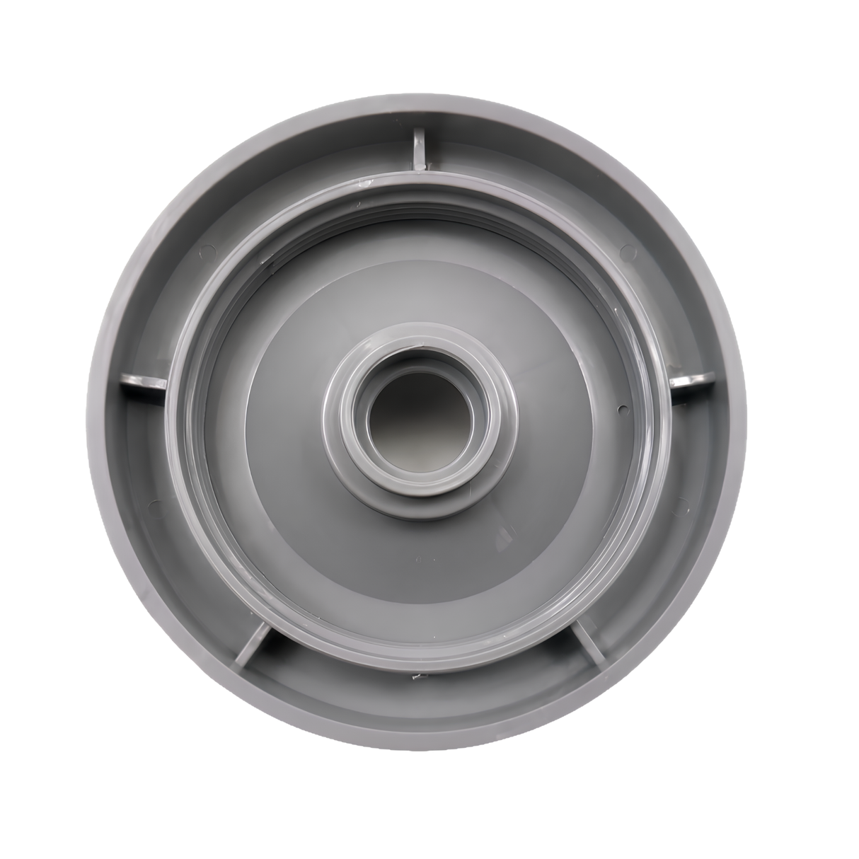 Top-down view of the underside of a grey Artesian Plastics 2-inch hot tub diverter valve cap OP08-0012-52C showing internal female threads, central stem opening, and outer support ribs on a white background