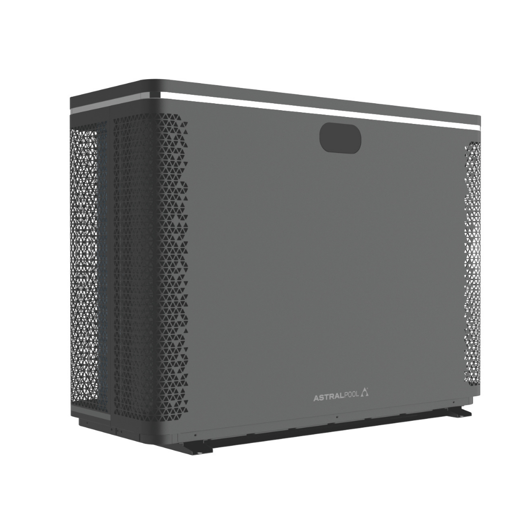 Three-quarter studio view looking slightly down at a sleek grey AstralPool Pinnacle iHP inverter pool heat pump, showcasing its solid front panel with the brand logo emblem, top light strip accent, and patterned mesh ventilation grilles wrap-around on the sides.