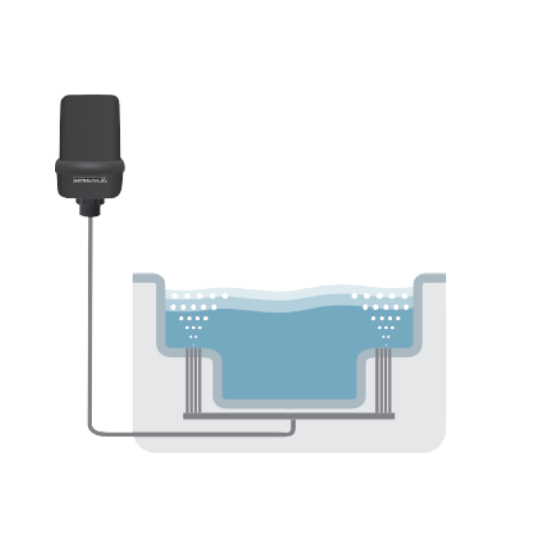 Schematic diagram showing an AstralPool SX1200 single speed spa air blower connected via air line piping to floor jets in a spa tub pool.