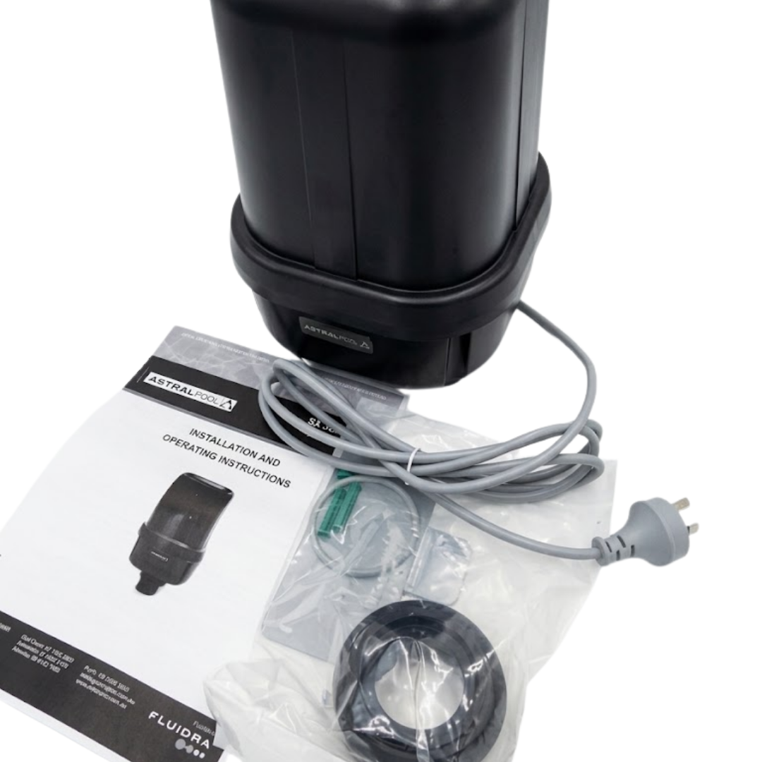 High-angle view of a black AstralPool SX1200 single speed spa air blower shown with connected grey power cord, standard 3-pin plug, bagged installation accessories, and printed manual isolated on white.