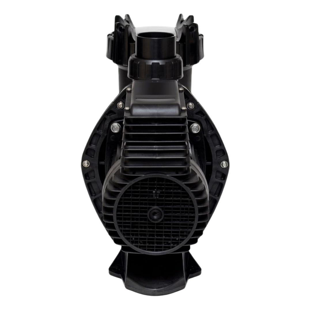 Direct rear studio view of an AstralPool CTX 280 1.0 HP pool pump, showing the circular motor fan shroud, electrical terminal box, mounting flange bolts, top union outlet fitting, and lock ring lid handles isolated on white.