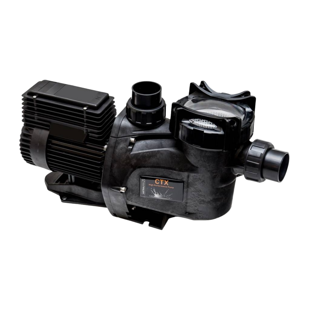 Front three-quarter studio view of an AstralPool CTX 280 1.0 HP high-performance pool pump, featuring the clear lid with heavy-duty black lock ring, CTX High Performance Pump badge, front union connection, vertical discharge outlet, and ribbed motor housing isolated on white.