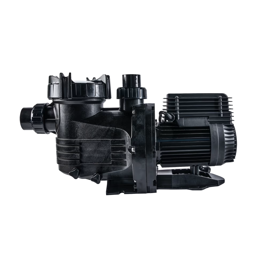 Opposite side profile studio view of an AstralPool CTX-Series 280 1.0 HP pool pump, displaying the drain plugs on the wet end housing, lock ring lid, quick-connect union fittings, and motor housing isolated on white.