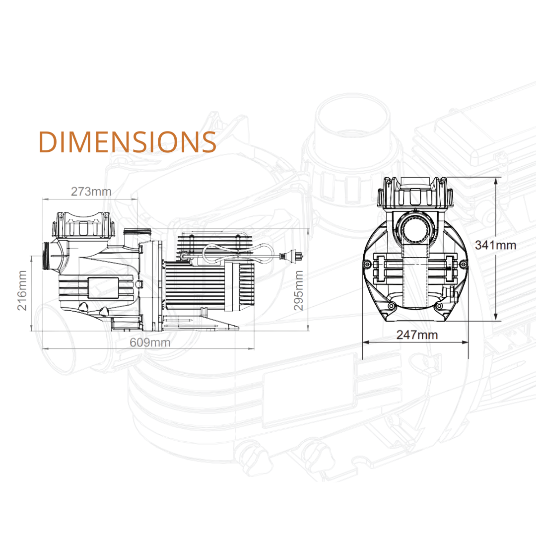 Technical dimension schematic diagram for the AstralPool CTX 280 1.0 HP pool pump, displaying side and front elevation line drawings with key measurements: 609mm overall length, 341mm overall height, 247mm width, 295mm motor height, 216mm inlet height, and 273mm port spacing isolated on white.