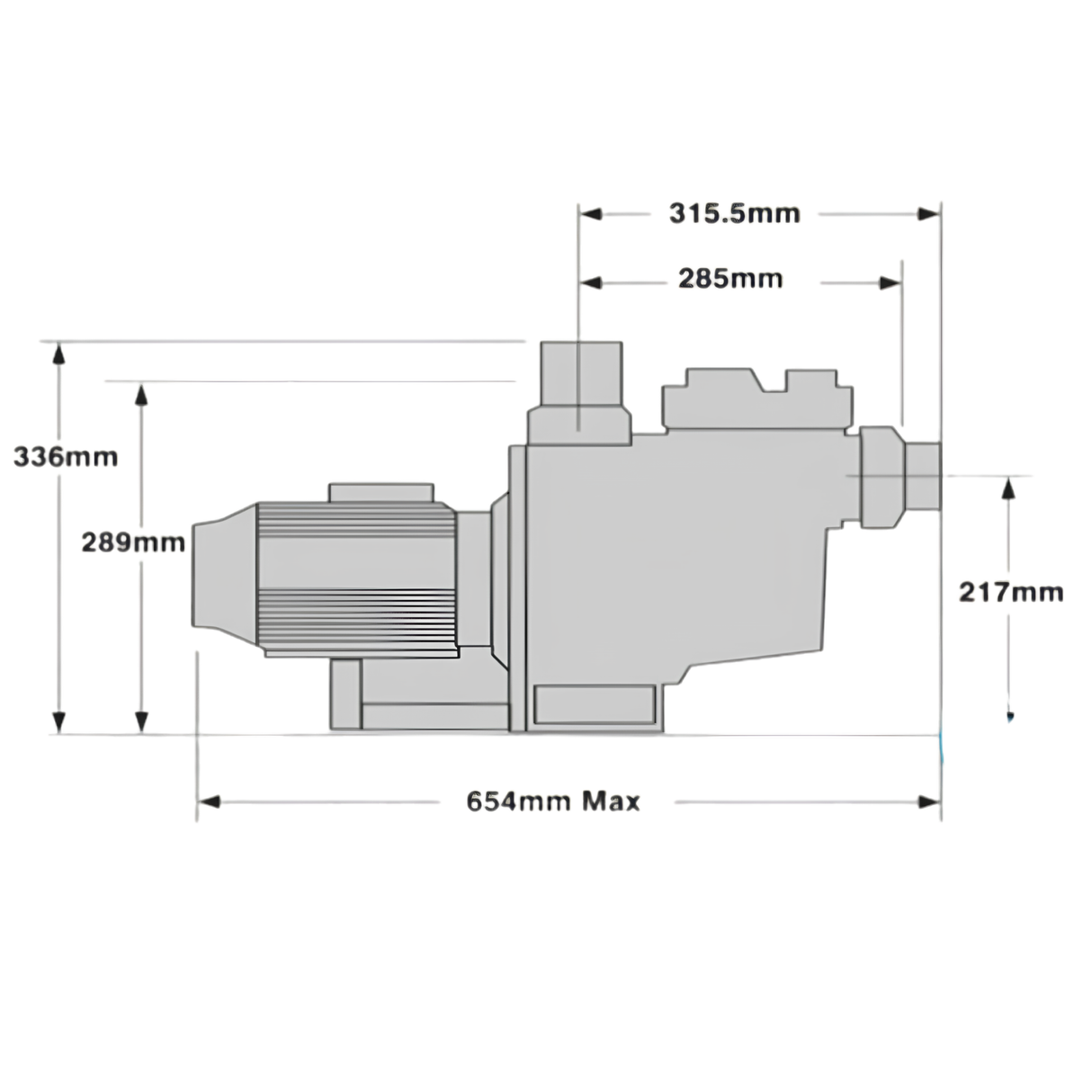 Technical dimensions diagram of an AstralPool E-Series 230C 1.0HP MKII pool pump showing clearance measurements including 654mm maximum length and 336mm height