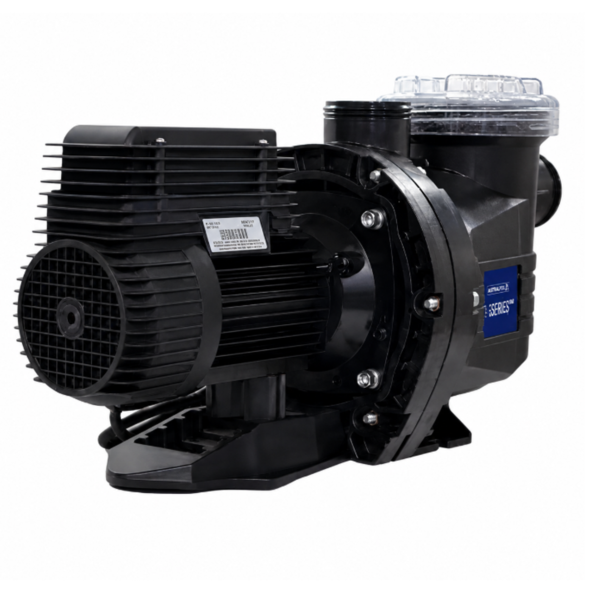 Rear three-quarter angle view of an AstralPool E-Series E230 1.0HP MKII pool pump focusing on the black motor housing vents and technical data sticker