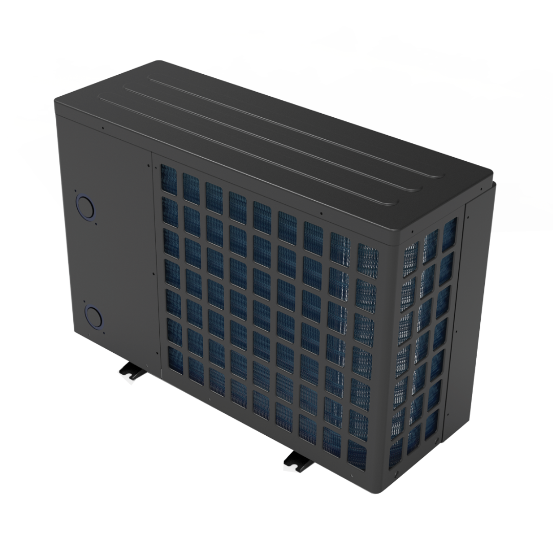 High-angle rear view of a black AstralPool EcoLite iHP inverter swimming pool heat pump, displaying the top lid, grid ventilation pattern covering the blue evaporator coils, and rear connection ports.