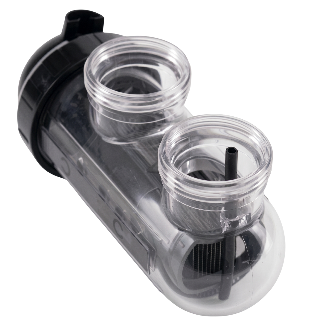 Underside angled view of a clear replacement electrolytic salt cell for an AstralPool Halo Chlor chlorinator, showing the two clear threaded plumbing ports, internal titanium plates, and a black gas sensor probe sleeve.
