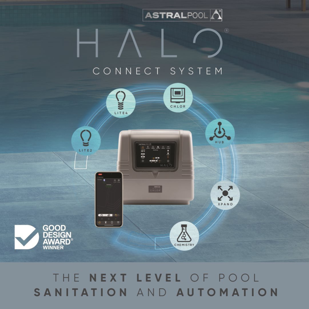 An AstralPool Halo Connect System promotional graphic for pool sanitation and automation, showing a central controller unit and smartphone next to a digital ecosystem map highlighting Lite2, Lite4, Chlor, Hub, Xpand, and Chemistry integration options.