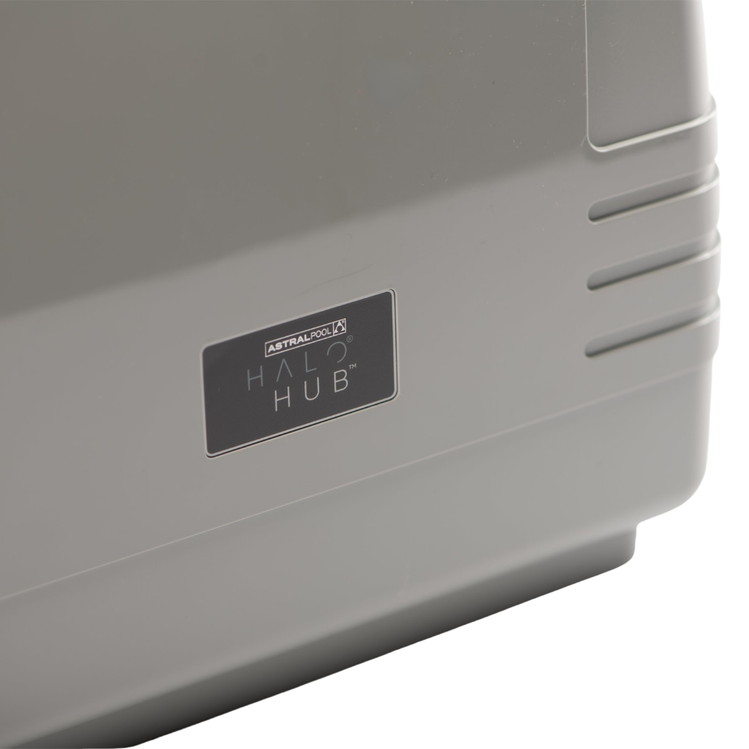Close-up angled shot of the AstralPool Halo Hub main pool automation controller highlighting the front logo badge.
