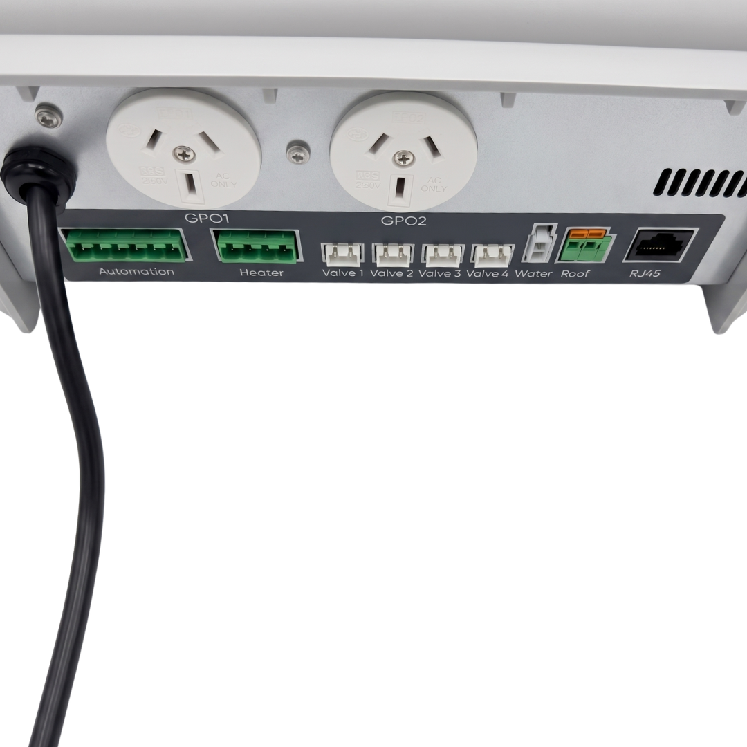Bottom view of the AstralPool Halo Hub main controller base plate showcasing GPO outlets, Automation, Heater, Valve 1-4, Water, Roof, and RJ45 ports.