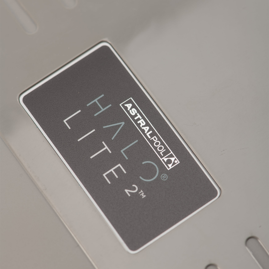 Close-up of the official branding logo and label on an AstralPool Halo Lite 2 pool light controller unit.
