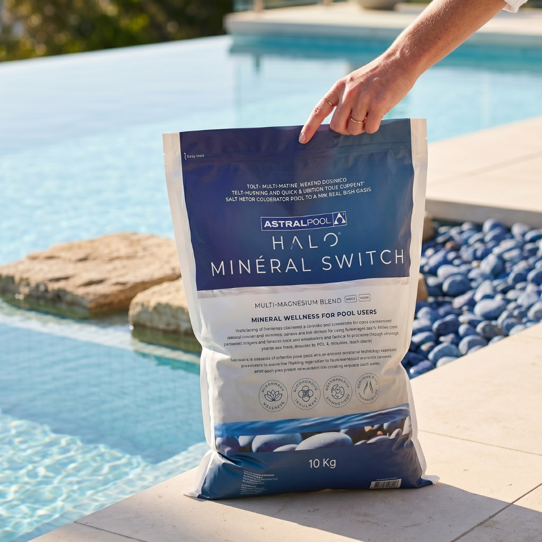 A bag of AstralPool Halo Mineral Switch 10kg magnesium blend resting poolside, used to quickly convert chlorine or saltwater pools to a mineral oasis.