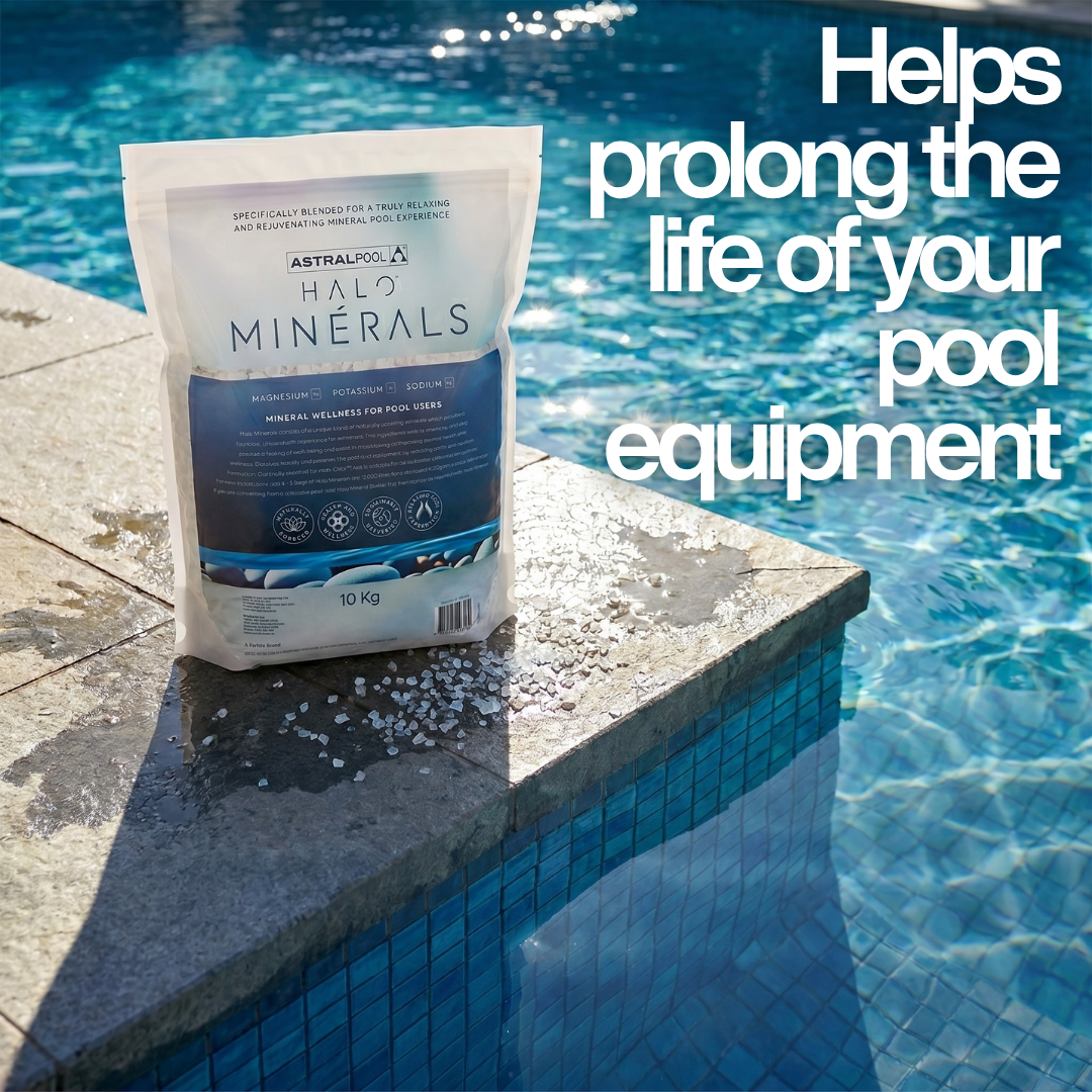 A bag of AstralPool Halo Minerals poolside with text overlay: "Helps prolong the life of your pool equipment," highlighting the protective benefits of magnesium-rich mineral blends.