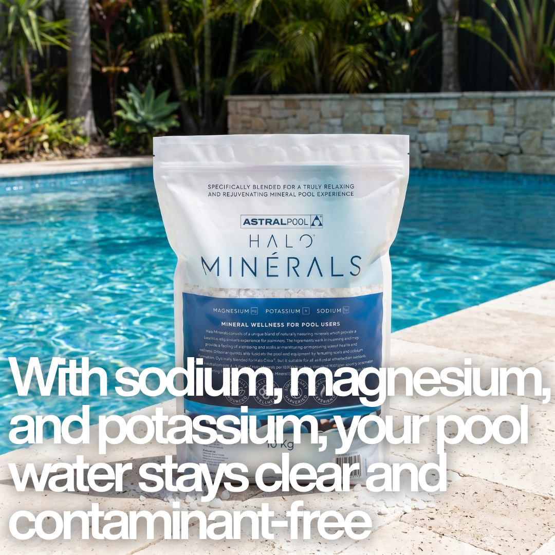 A bag of AstralPool Halo Minerals by a blue swimming pool with text: "With sodium, magnesium, and potassium, your pool water stays clear and contaminant-free.
