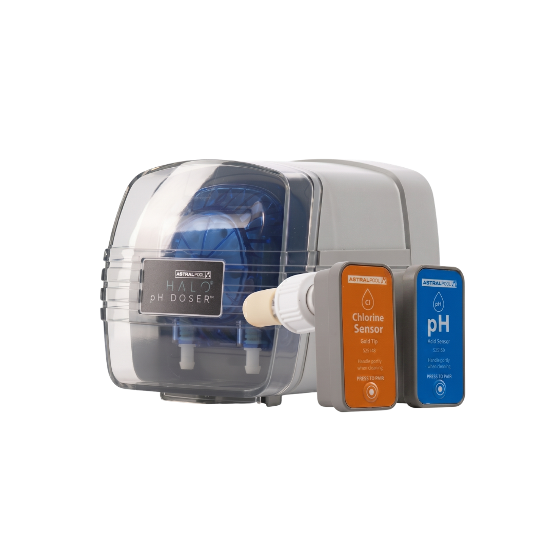 An AstralPool Halo pH Doser peristaltic acid dosing pump unit with its clear protective cover, displayed alongside a wireless orange chlorine sensor gold tip probe and a blue pH acid sensor probe.