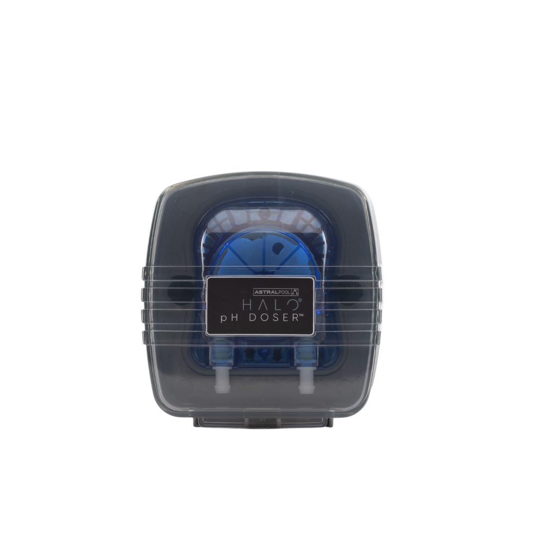 Front view of an AstralPool Halo pH Doser automatic acid dosing pump unit, showing the clear dark protective faceplate cover, internal blue peristaltic squeeze roller assembly, and twin bottom hose connectors.
