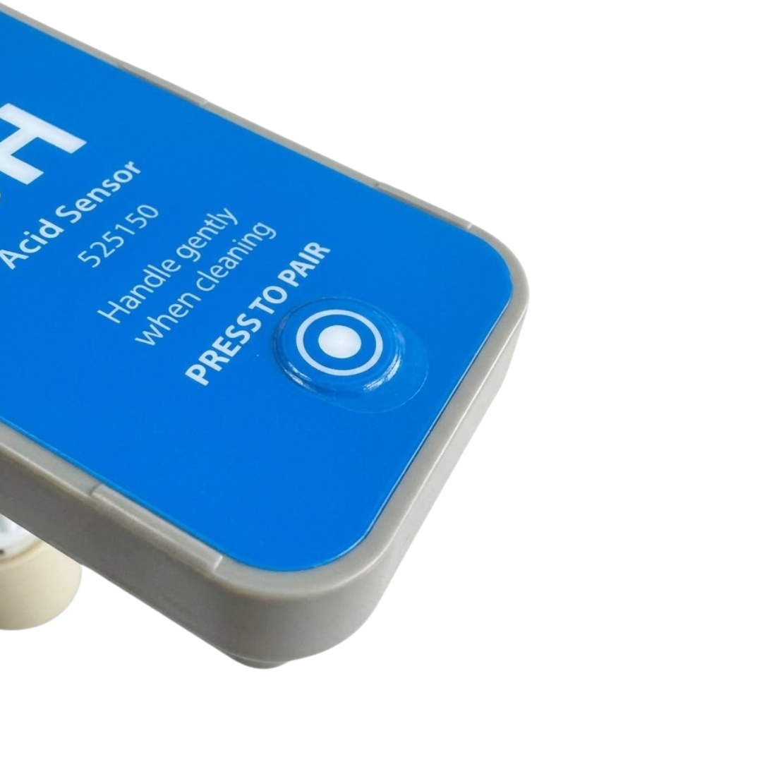 Close-up of the AstralPool Halo pH Acid Sensor press to pair button and label instructions