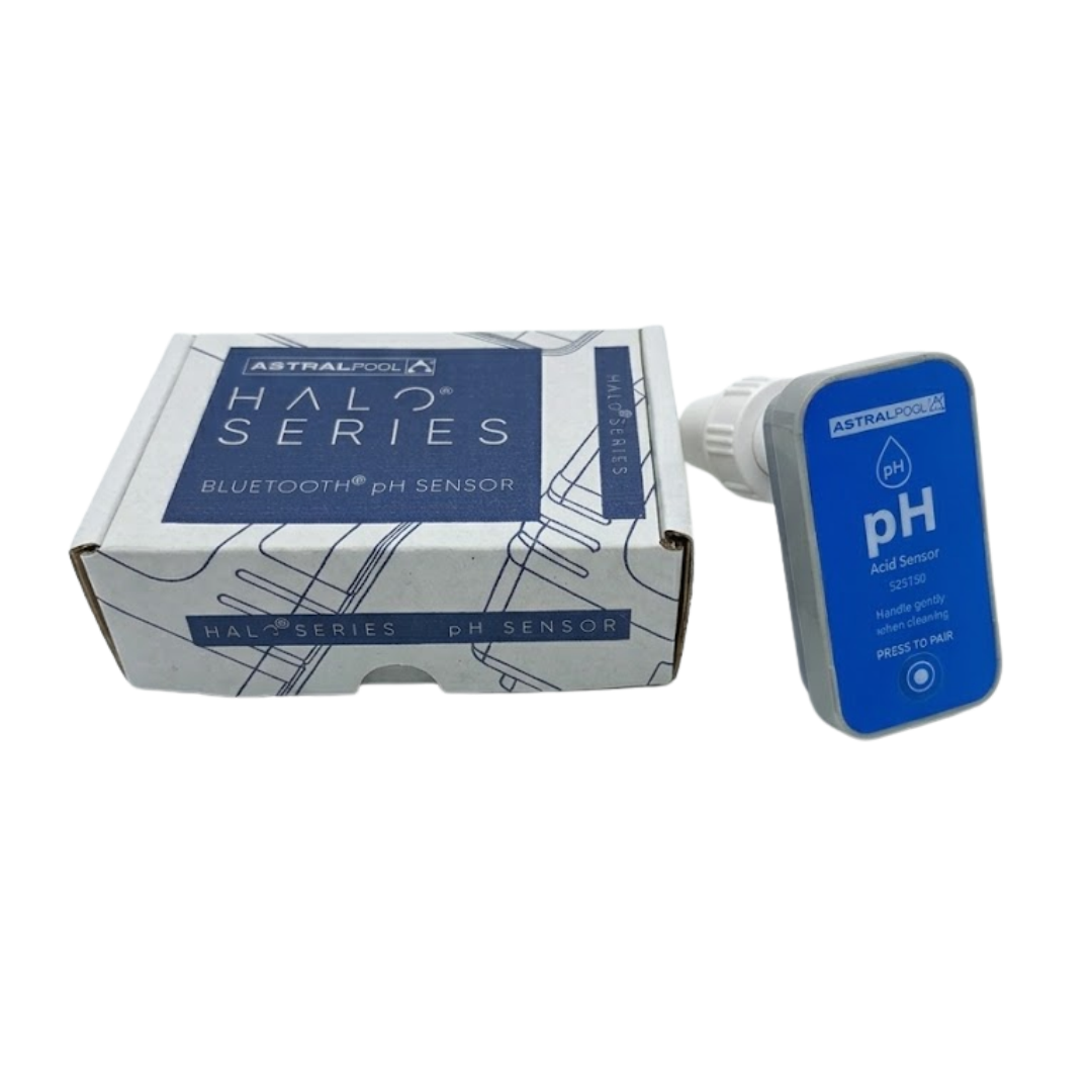 AstralPool Halo Series Bluetooth pH Sensor Probe (Part 525150) shown alongside its original product packaging