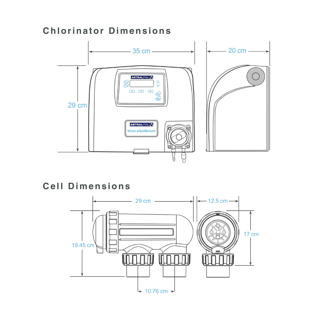 Technical specification diagram showing the dimensions of the AstralPool Viron eQuilibrium chlorinator control box (35cm x 29cm x 20cm) and its electrolytic cell (29cm x 19.45cm).