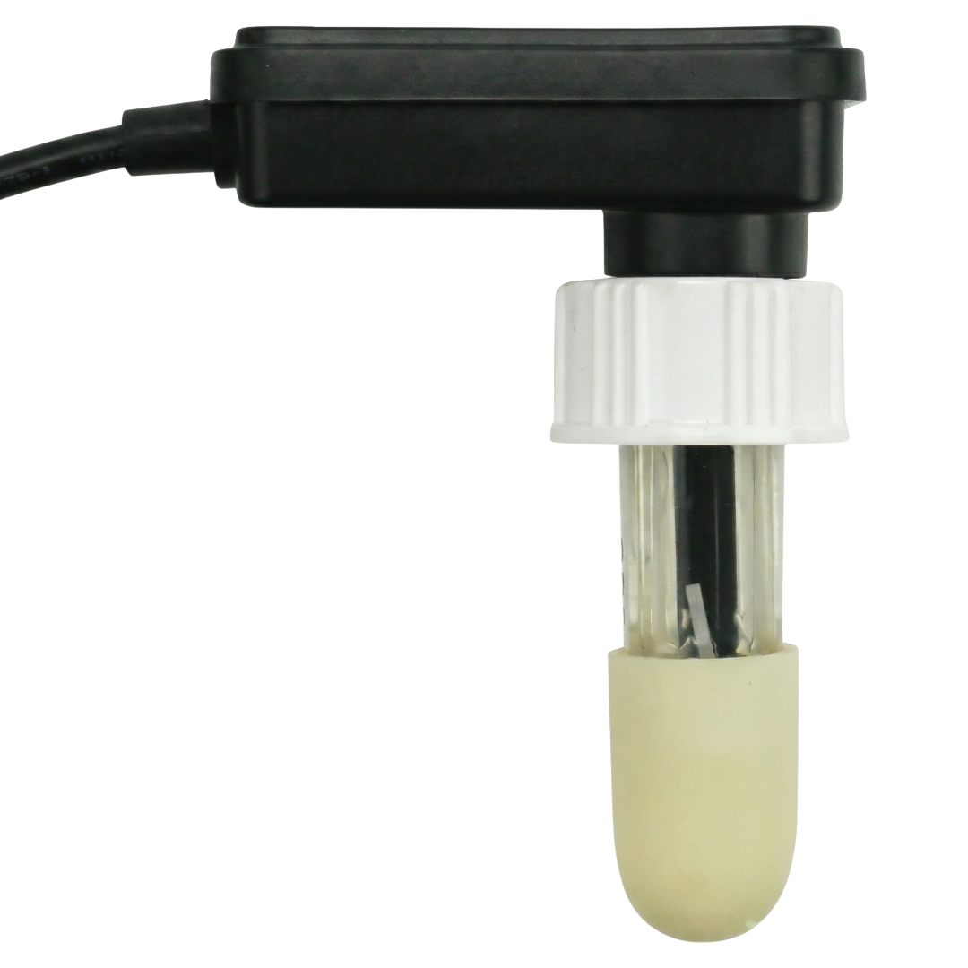 Side profile view of a replacement chlorine sensor probe for the AstralPool Viron eQuilibrium salt chlorinator, featuring its black plastic head housing, white threaded connection collar, and a protective tan rubber storage boot.