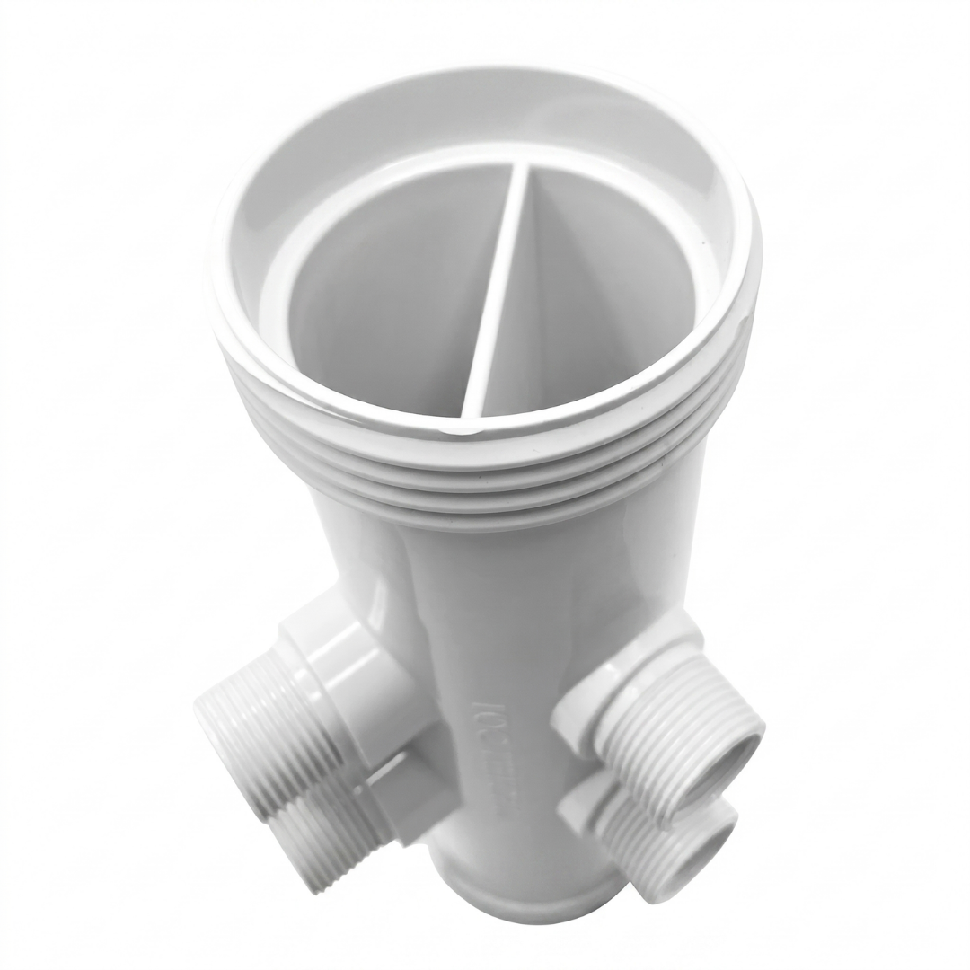 Top-down perspective view looking inside the clear white plastic inline mixing cell housing for an AstralPool Viron eQuilibrium chlorinator, highlighting the molded internal divider baffle and threaded sensor ports.