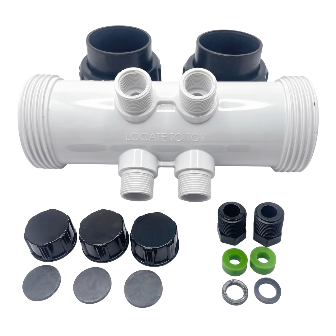 Replacement white plastic inline mixing cell manifold housing for an AstralPool Viron eQuilibrium chlorinator, with molded "LOCATE TO TOP" text, black blanking caps, threaded adaptors, and green rubber washers.