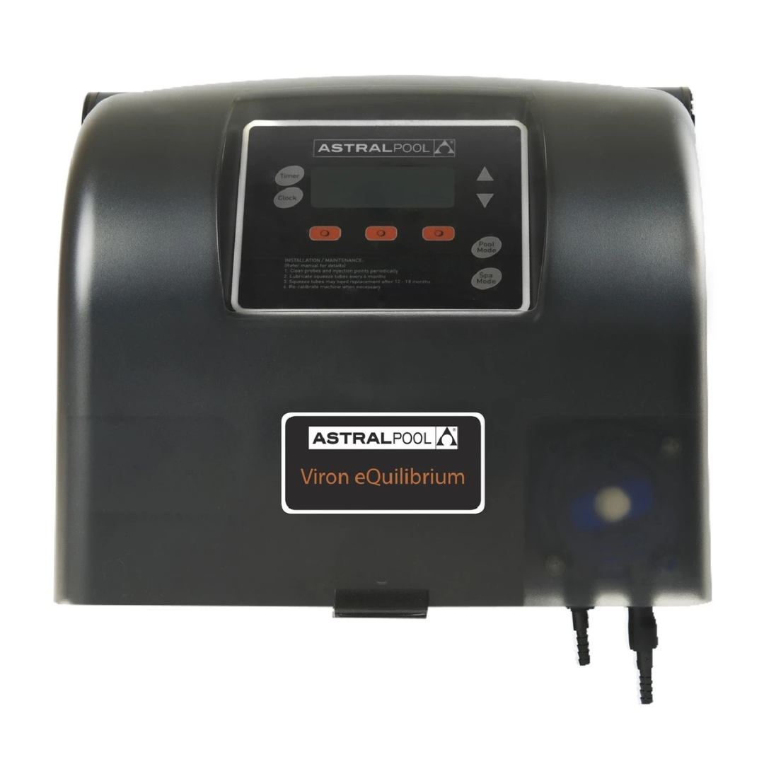 Straight front view of an AstralPool Viron eQuilibrium salt chlorinator control unit, showcasing the digital user interface, control buttons, brand logo, and the lower acid dosing pump connection barbs.