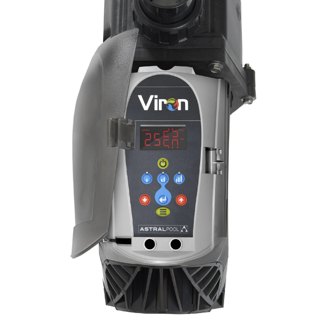 Close-up view of the digital control panel on an AstralPool Viron P320XT eVo pool pump, showing the open protective cover, digital LED display screen reading 2560 RPM, button interface, and Viron branding isolated on white.
