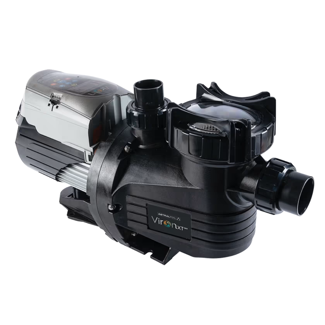 Three-quarter studio view of an AstralPool Viron P320XT eVo Variable Speed pool pump, displaying the top-mounted LCD control interface, clear lint pot lid, front suction union, and Viron XT branding isolated on white.