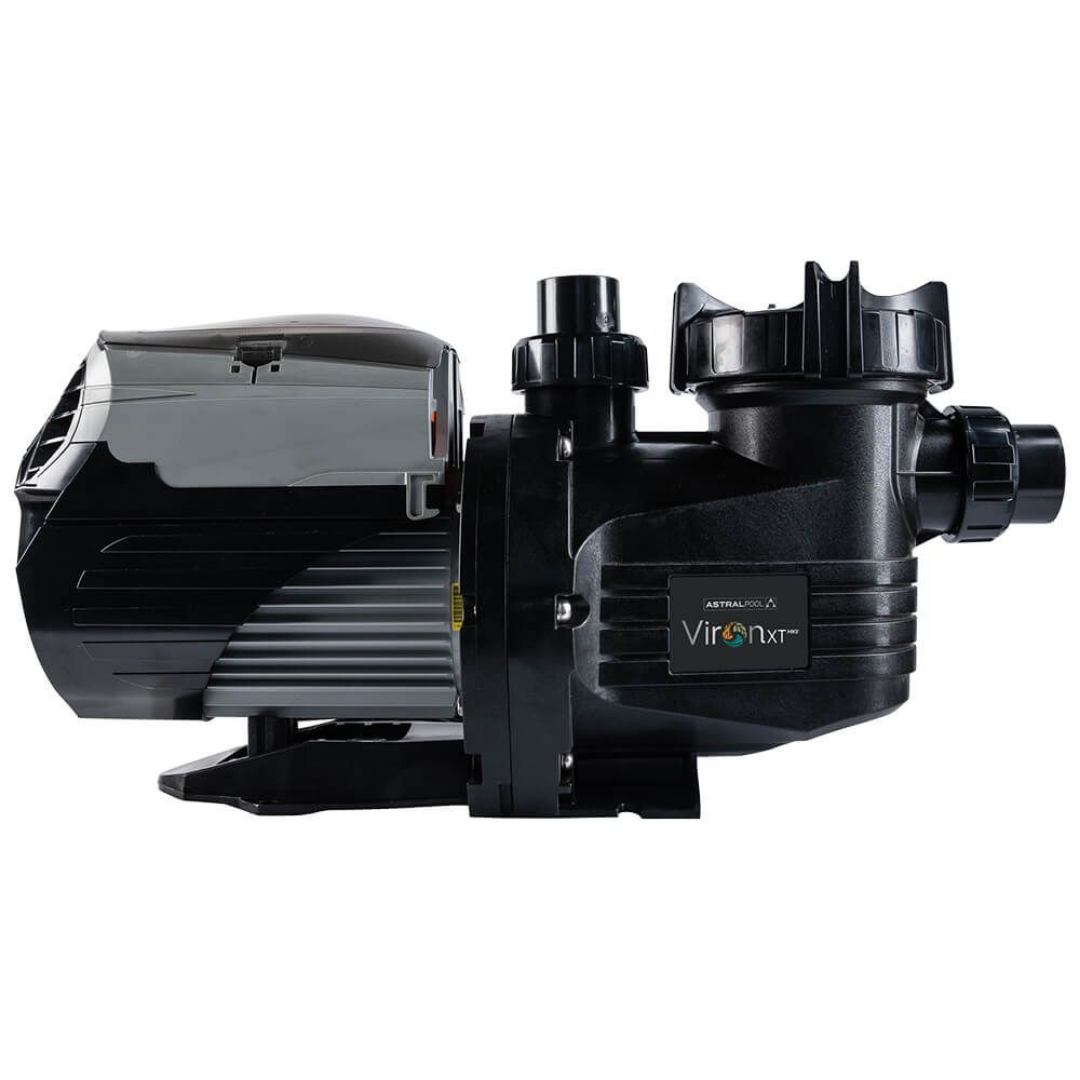Profile side studio view of an AstralPool Viron P520XT eVo Variable Speed pool pump, displaying the black housing, Viron XT side badge, clear strainer lid, quick-connect unions, and top-mounted control module cover isolated on white.