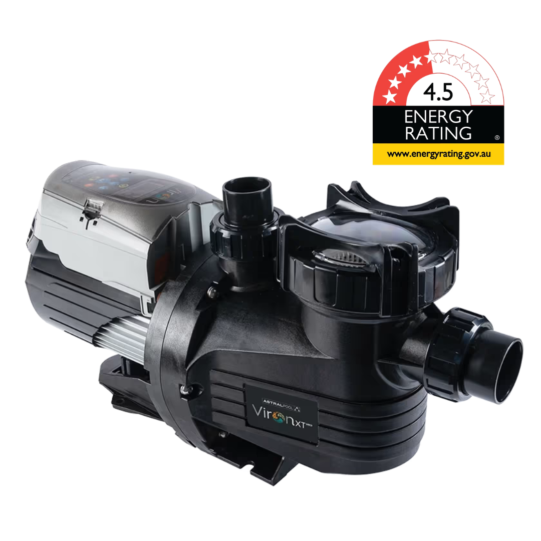 Three-quarter studio view of an AstralPool Viron P520XT eVo Variable Speed pool pump featuring an integrated LCD control module on the motor, clear strainer lid, Viron XT branding, and a 4.5-star energy rating badge isolated on white.