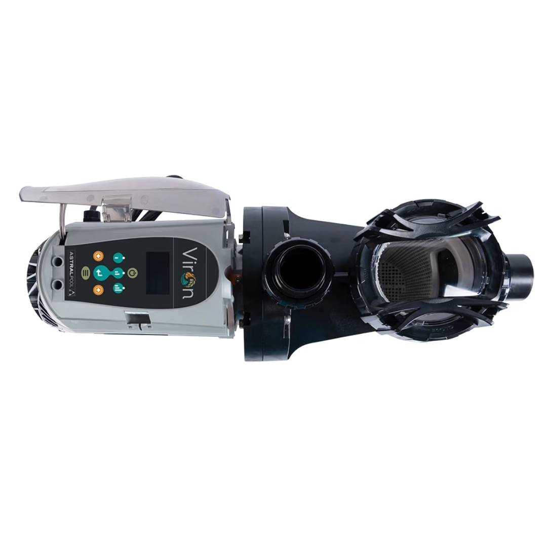 Overhead top-down studio view of an AstralPool Viron P520XT eVo Variable Speed pool pump, showing the clear strainer lid, top discharge port, and opened protective cover displaying the control pad interface and LCD screen isolated on white.