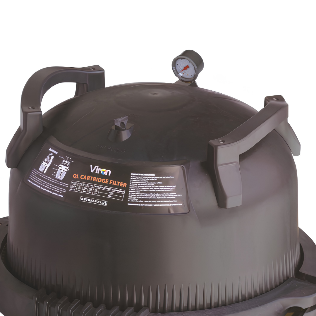 Close-up view of the black AstralPool Viron QL series cartridge filter tank lid featuring dual molded handles an top pressure gauge and product instruction label