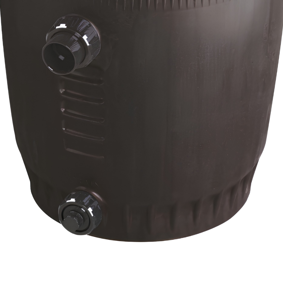 Close-up view of the lower black AstralPool Viron QL series cartridge filter tank body highlighting the plumbing inlet port and the bottom threaded drain valve plug assembly