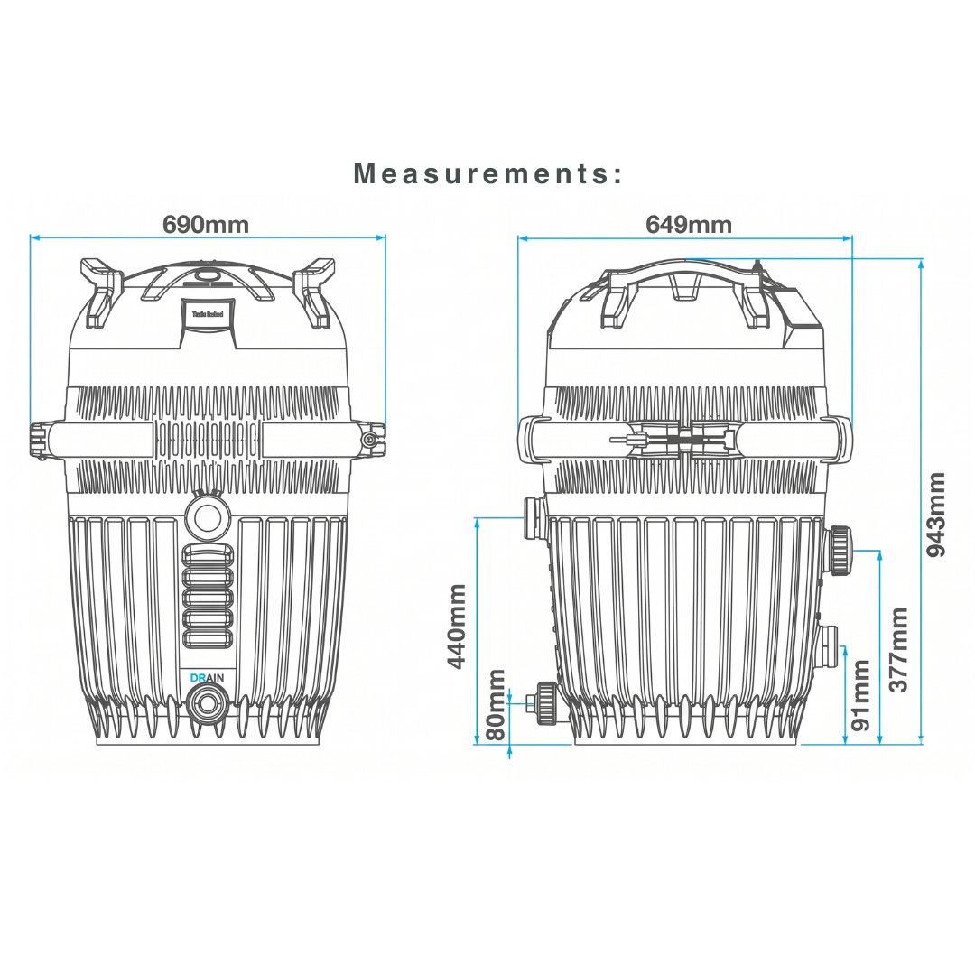 Technical dimensional drawing of the AstralPool Viron QL420 and QL540 filter tank showing installation measurements including a total height of 943mm and maximum width of 690mm