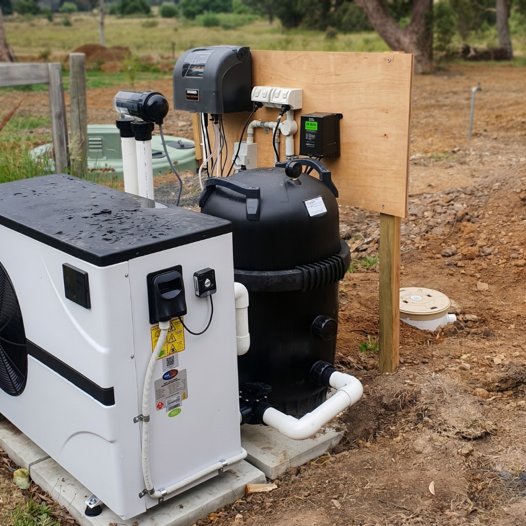 Outdoor pool equipment pad installation featuring an AstralPool Viron QL540 cartridge filter alongside a white pool inverter heat pump and connected PVC plumbing