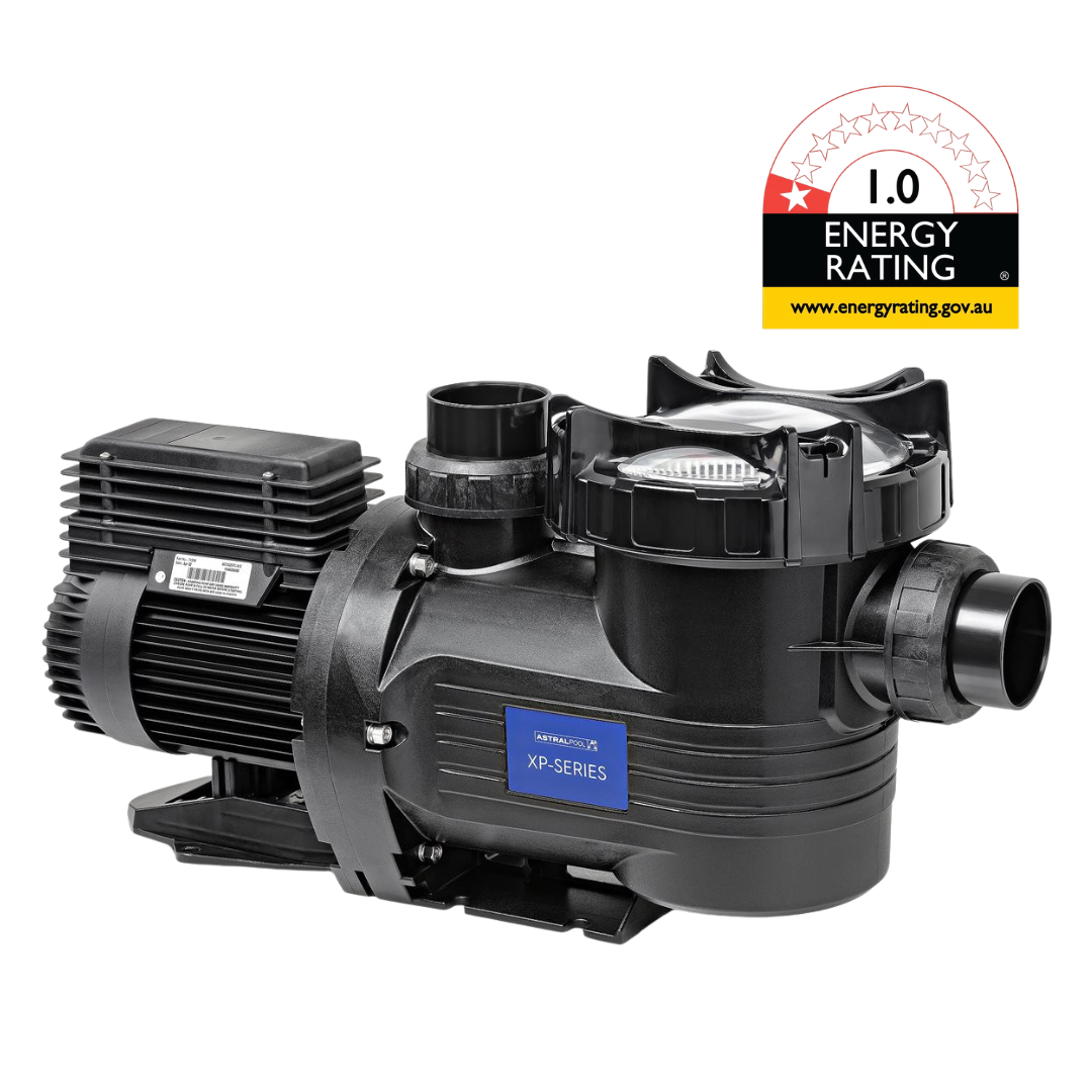 Side studio view of a black AstralPool XP-Series 1.5 HP pool pump featuring a clear lint lid, quick-connect unions, side branding badge, and a 1.0-star Energy Rating badge in the top right corner isolated on white.