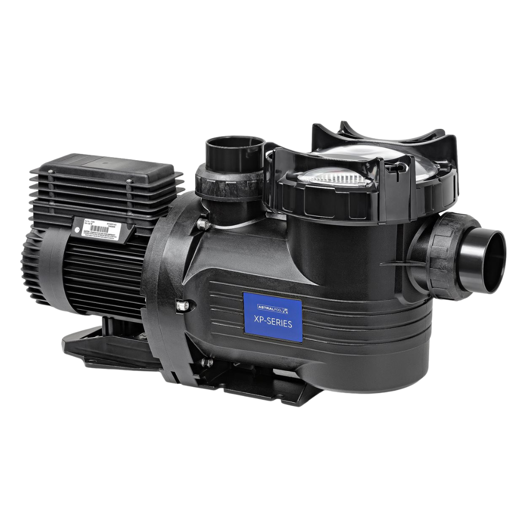 Side studio view of an all-black AstralPool XP-Series 3.0 HP pool pump showing the clear strainer lid, front suction union, top discharge connection, blue branding badge, and ribbed motor housing isolated on white.