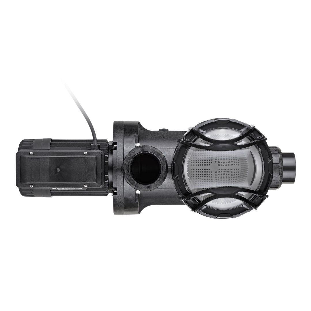 Overhead top-down studio view of an AstralPool XP-Series 3.0 HP pool pump, showing the transparent strainer lid, internal basket mesh, top discharge port, motor terminal box, and power lead extension isolated on white.