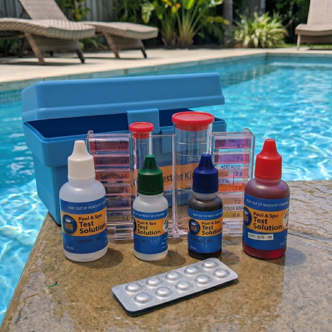 Complete Aussie Gold 4-in-1 Test Kit displayed poolside, featuring liquid pH and alkalinity solutions, DPD No. 1 chlorine tablets, and a dual-vial comparator block for swimming pool and spa maintenance.