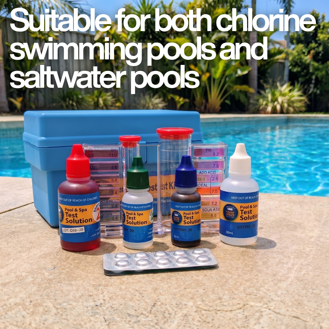 Aussie Gold 4-in-1 Test Kit with liquid reagents and DPD tablets poolside, with text: "Suitable for both chlorine swimming pools and saltwater pools."