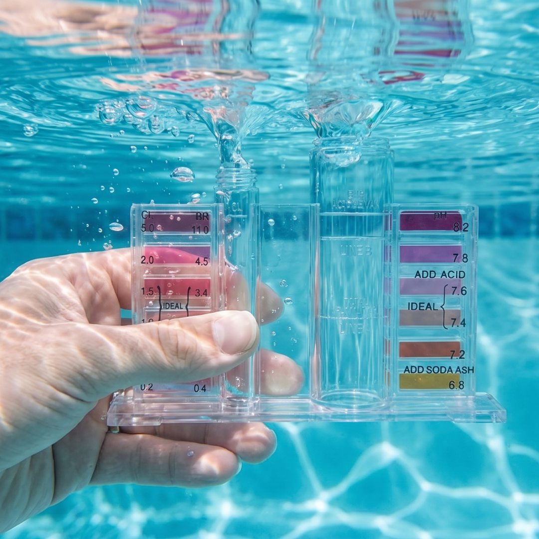 A hand holding an Aussie Gold 4-in-1 test kit comparator block underwater to collect a pool water sample for accurate chlorine and pH testing.