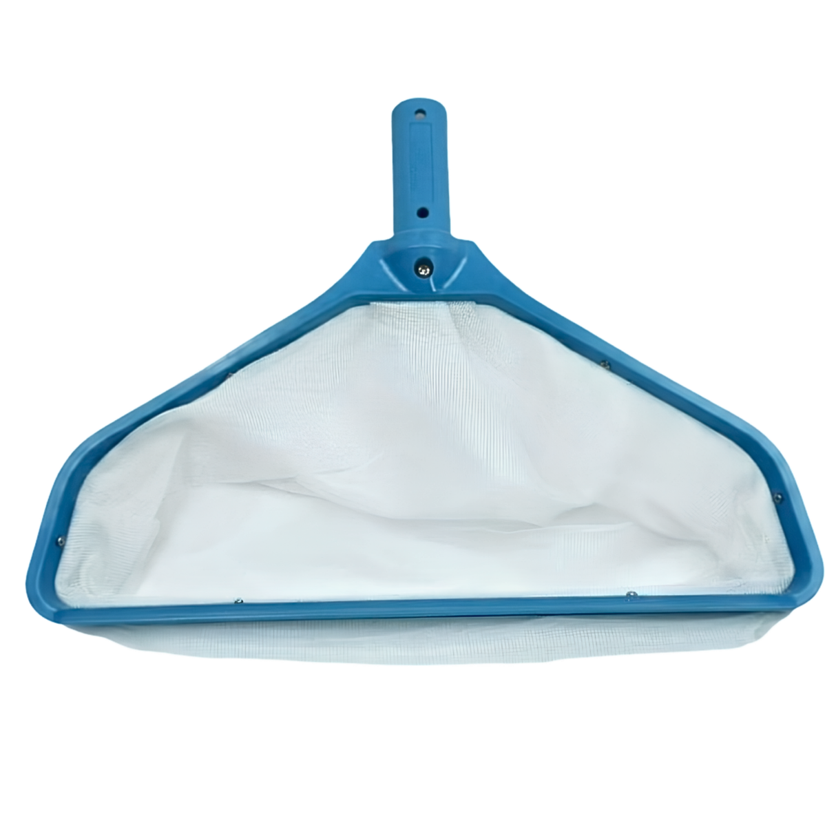 Front view of an Aussie Gold heavy duty blue swimming pool leaf rake with a reinforced wide frame and a deep white fine mesh debris net bag.