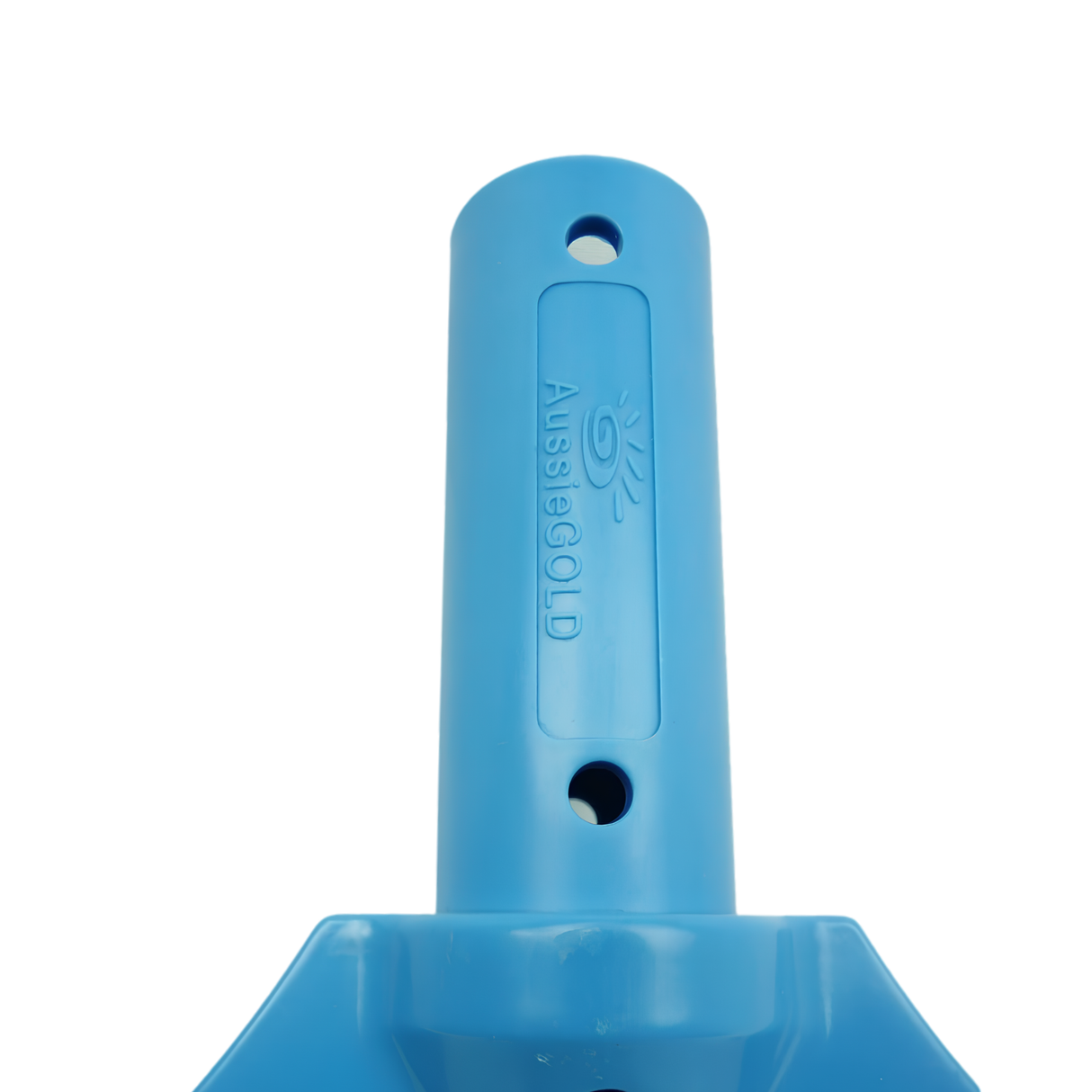 Close up view of a blue Aussie Gold pool leaf rake replacement handle featuring the embossed logo and dual holes for telescopic pole wishbone V-clips