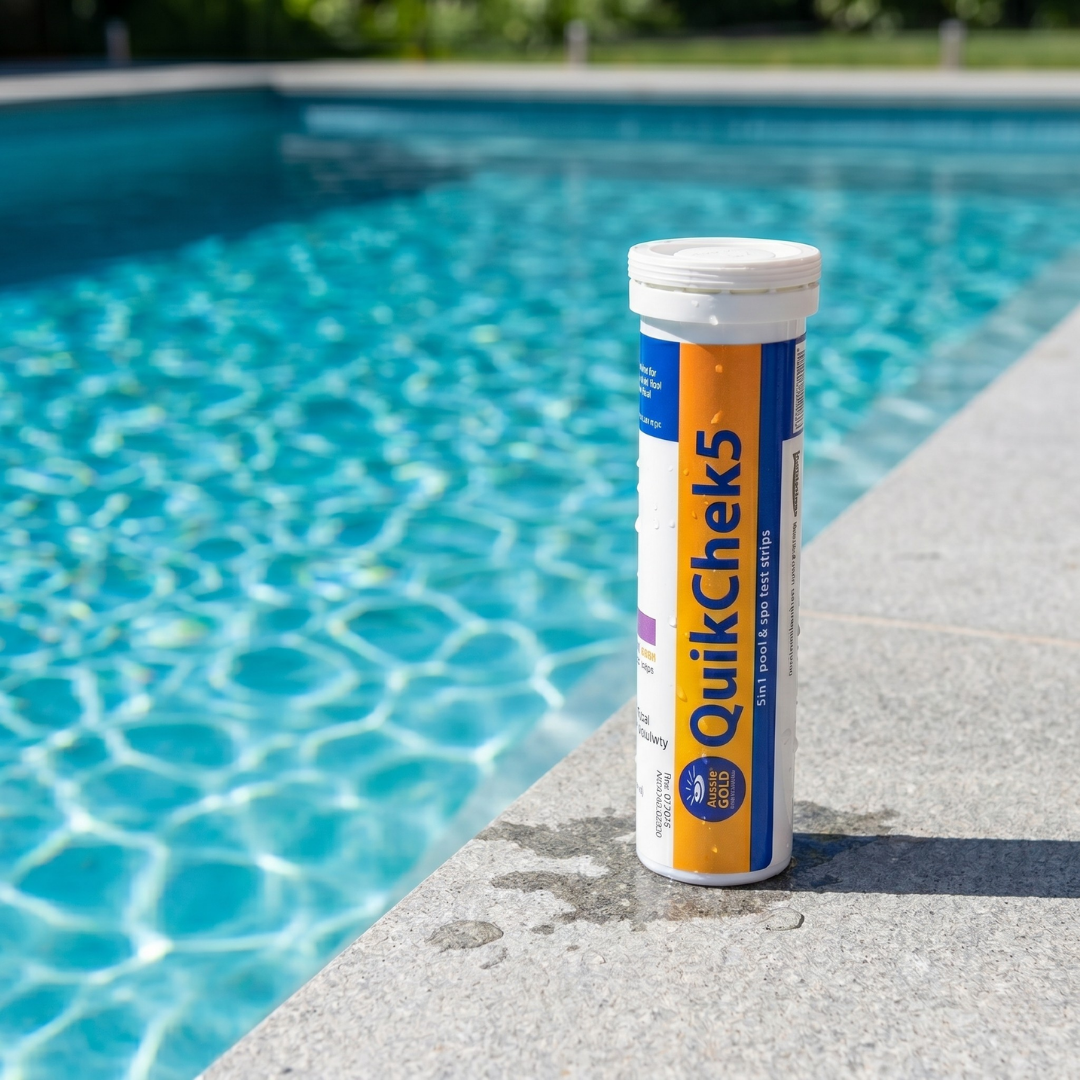 A bottle of Aussie Gold QuikChek5 5-in-1 test strips sitting on a stone poolside coping next to clear blue swimming pool water for regular chemistry checks.