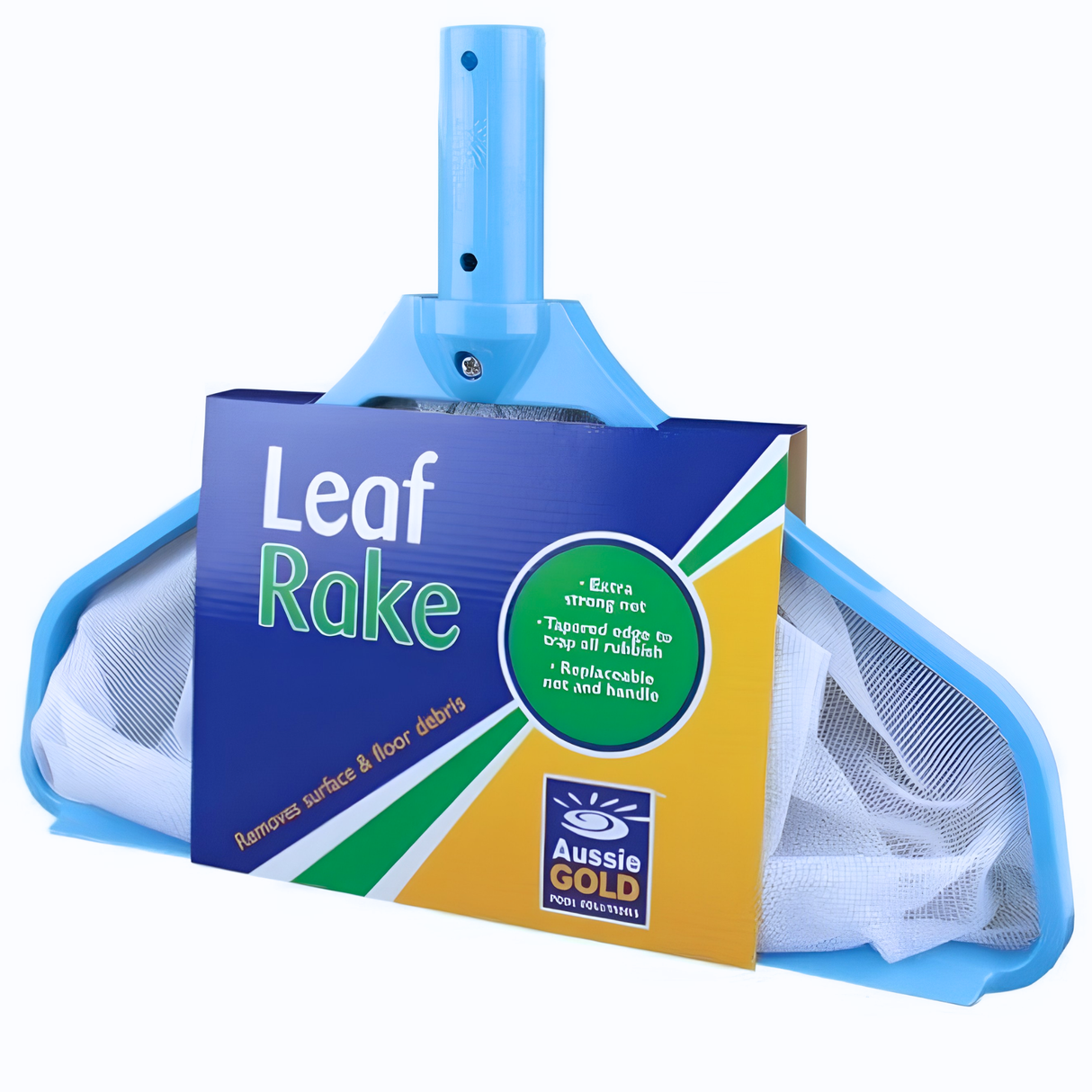 Studio view of the Aussie Gold swimming pool leaf rake in its retail cardboard packaging, showcasing its light blue heavy-duty frame and fine white mesh net bag.