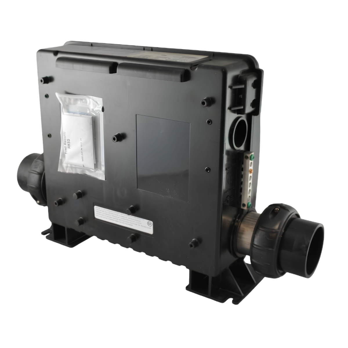 Rear perspective view of a Balboa BP Series spa control pack showing mounting feet, wiring layout port, and a quality control test pass label