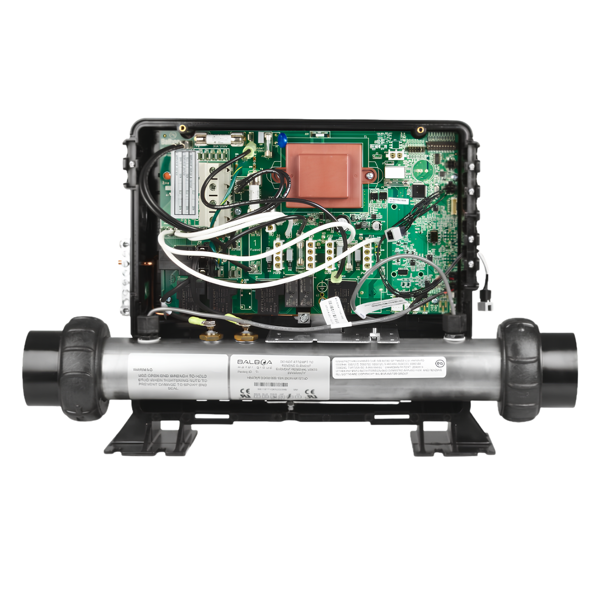 Internal view of a Balboa BP series spa control pack showing the green circuit board, heater wiring connections, transformer, and inline heater tube